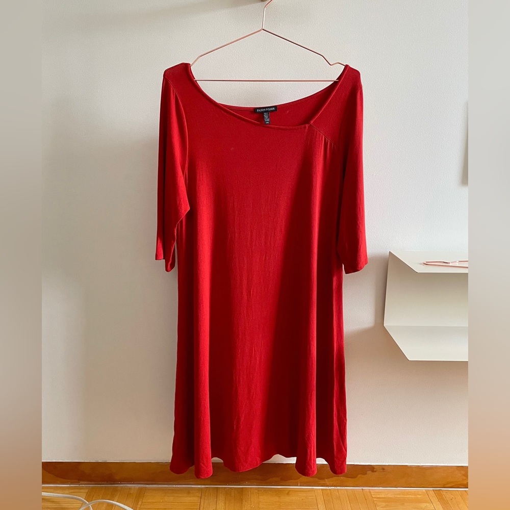 Eileen Fisher Viscose Jersey Dress Asymmetrical Boat Neckline in Red